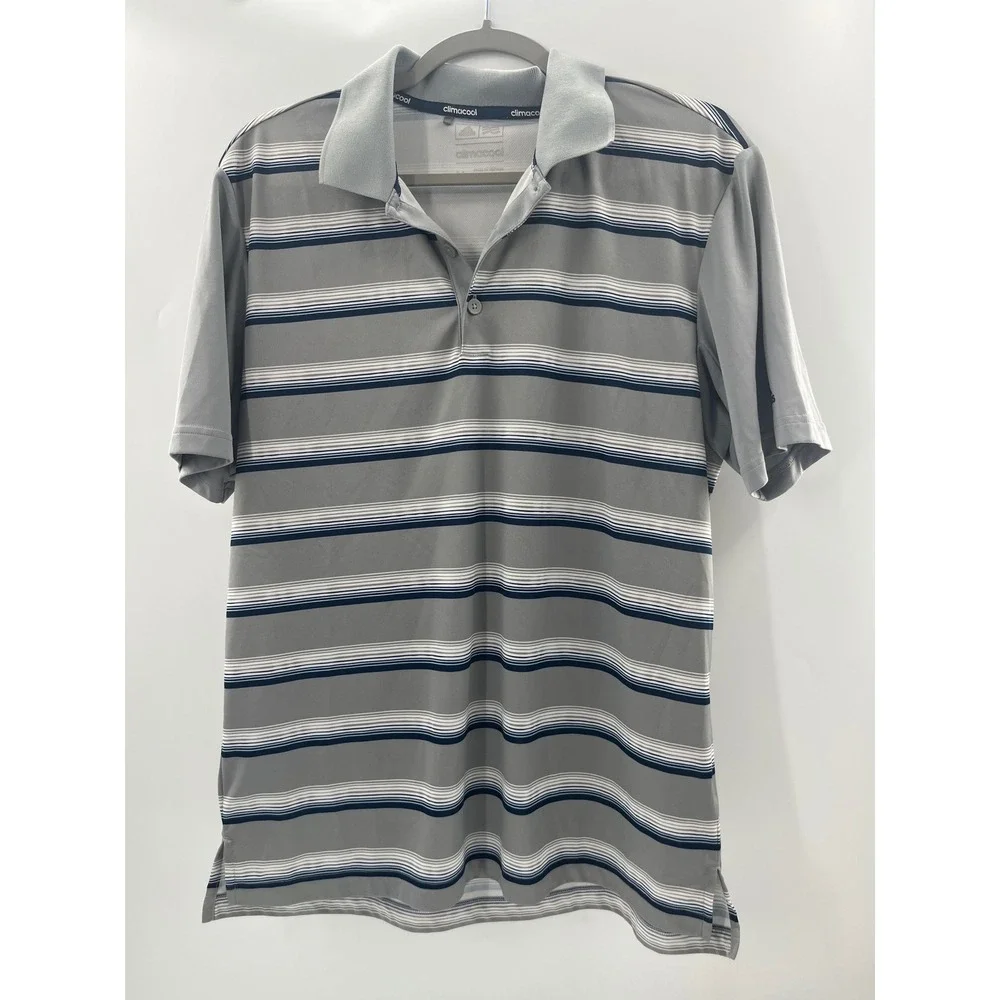 Adidas Climacool Mens Golf Polo Shirt Grey Navy Blue Striped Size Medium